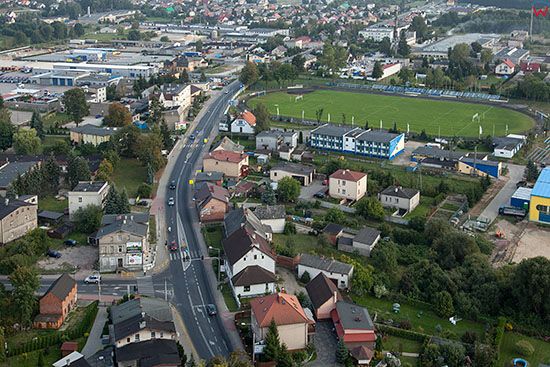 Nowe Miasto Lubawskie, panorama na droge nr 15 biegnaca przez miasto. EU, PL, Warm-Maz. Lotnicze.